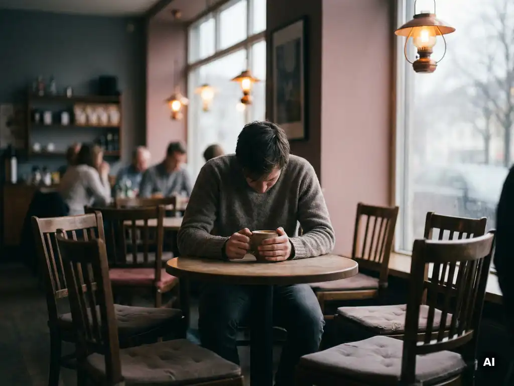 Persoon alleen aan cafétafel met handen om onaangeroerde koffiekop, lege stoelen eromheen, zacht amberkleurig licht en melancholische sfeer.