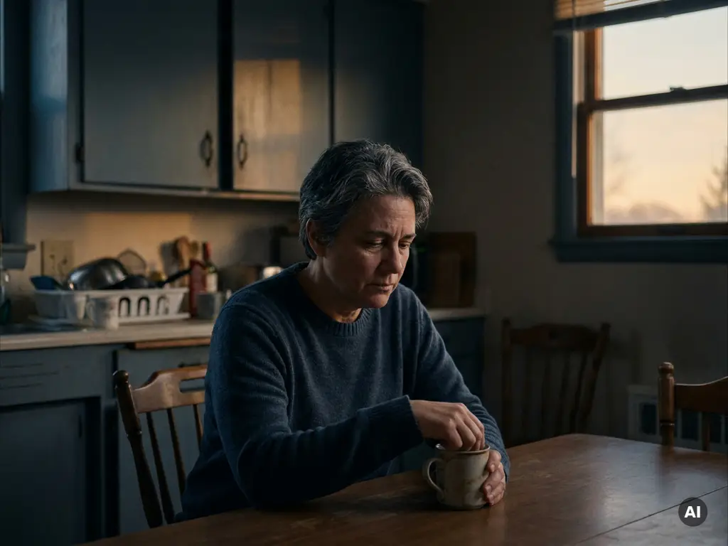 Persoon van middelbare leeftijd aan keukentafel met handen om koffiemok, afwezige blik, schemerlicht, melancholische sfeer.