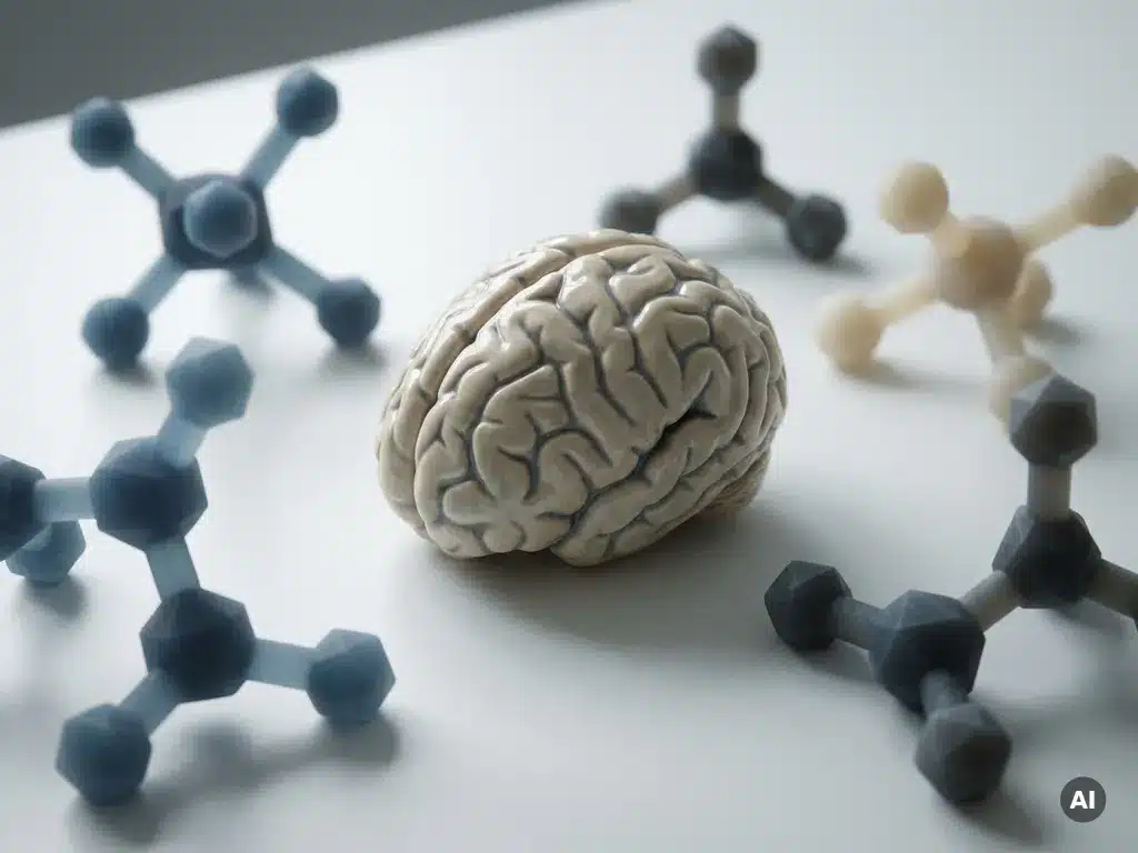 Anatomisch hersenmodel op wit oppervlak, omringd door neurotransmitter molecuulstructuren in blauw en grijs.