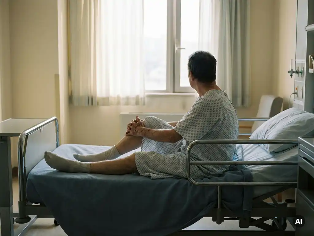 Persoon zit alleen op rand van ziekenhuisbed, handen gevouwen in schoot, starend naar raam met zacht ochtendlicht.