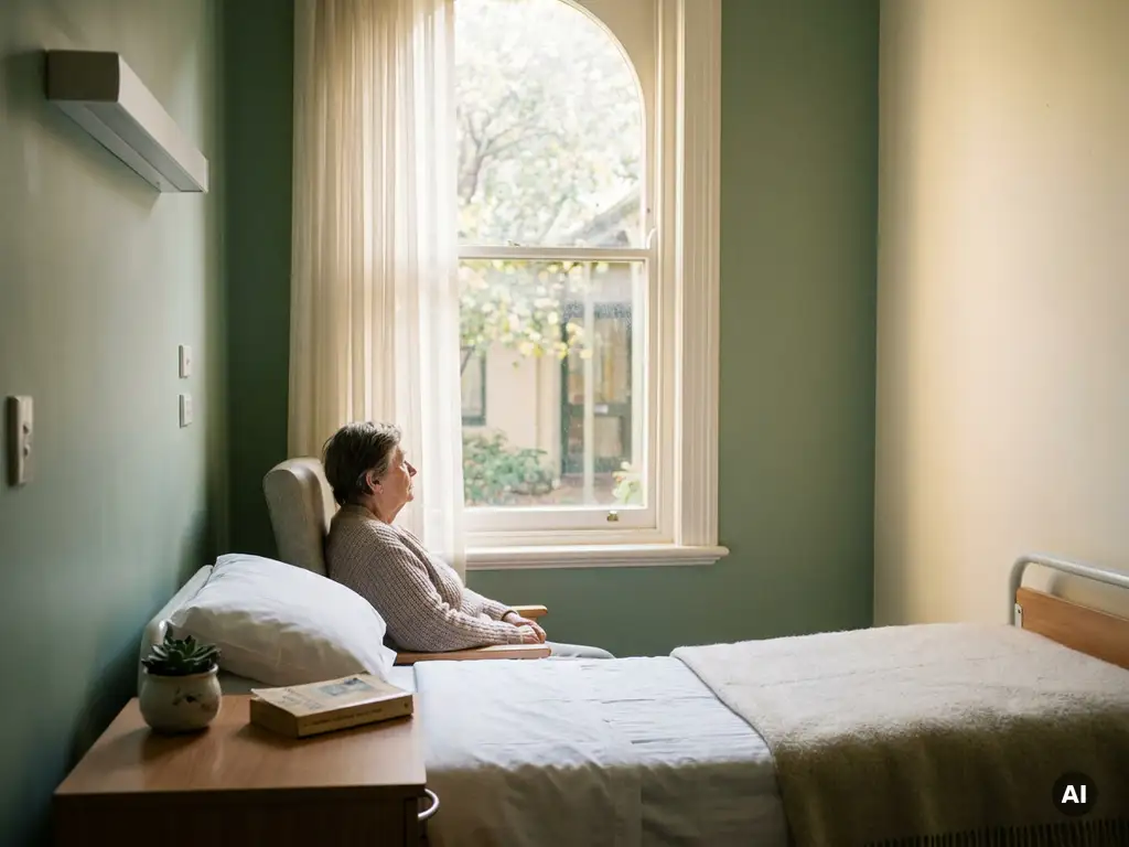 Patiënt zit rustig bij een klinisch raam met zachte ochtendzon over een opgemaakt ziekenhuisbed en een boek op het nachtkastje.