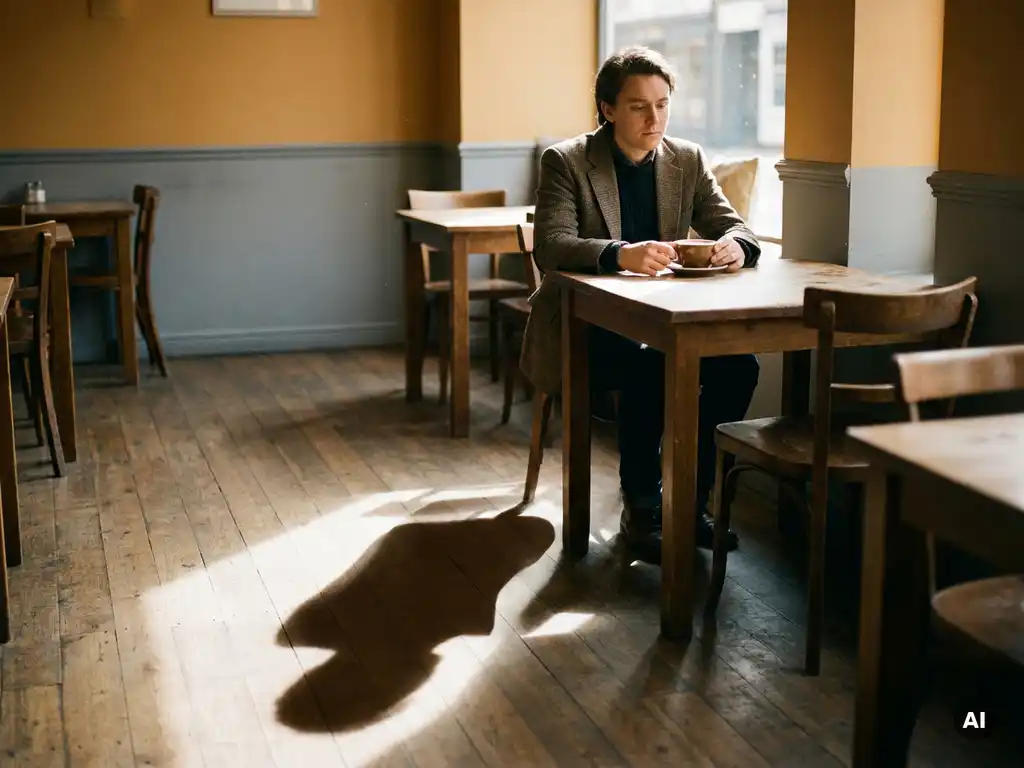 Persoon alleen aan een zonnig cafétafeltje met koffie, lange holle schaduw op warme houten vloer, zachte raamlicht.