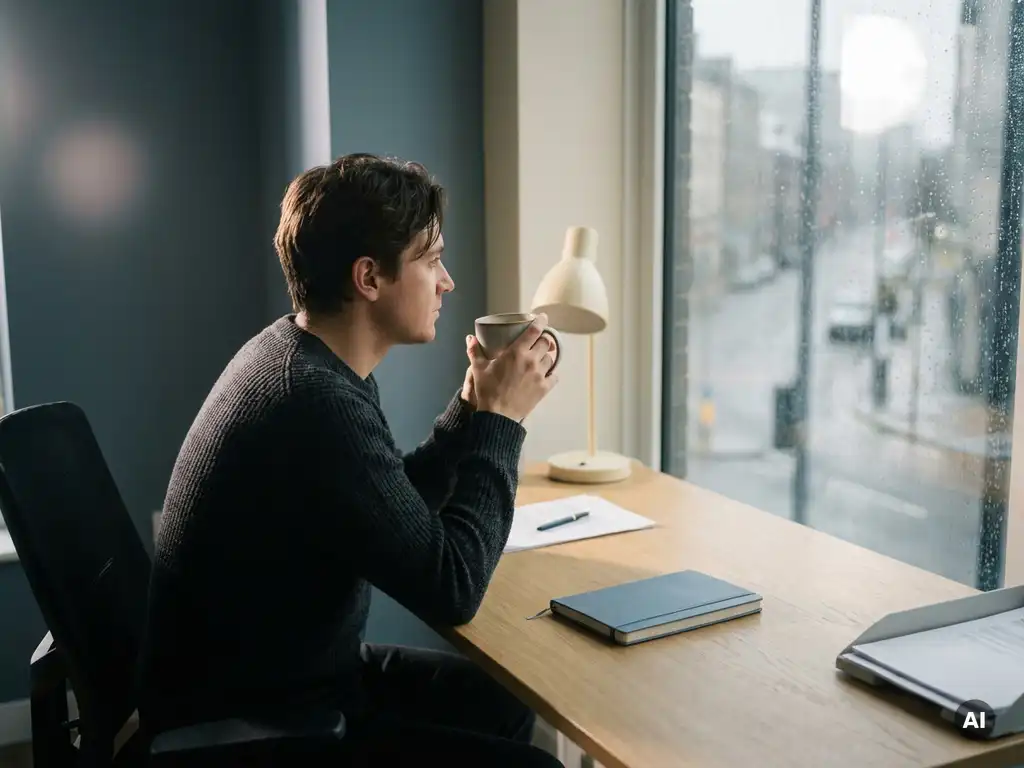 Persoon aan opgeruimd bureau met koffiekopje, blik verloren gericht op regenachtig raam in zacht grijs middaglicht.