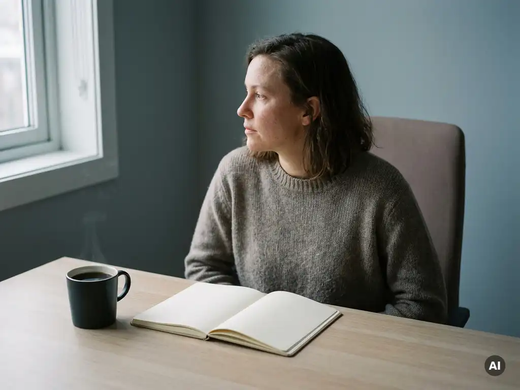 Professional zit uitgeput aan minimalistisch bureau met open notitieboek en afgekoelde koffie in zacht grijs ochtendlicht.