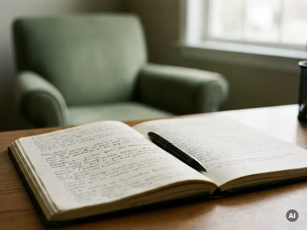 Open notitieboek met handgeschreven sessieaantekeningen en pen op bureau in rustige therapiekamer, fauteuil op de achtergrond.
