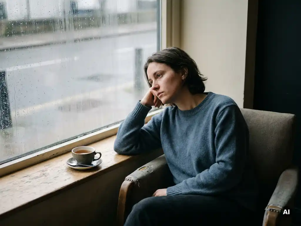 Persoon leunend op hand bij regenachtig raam met koud kopje thee, zacht grijs daglicht, contemplatieve sfeer.