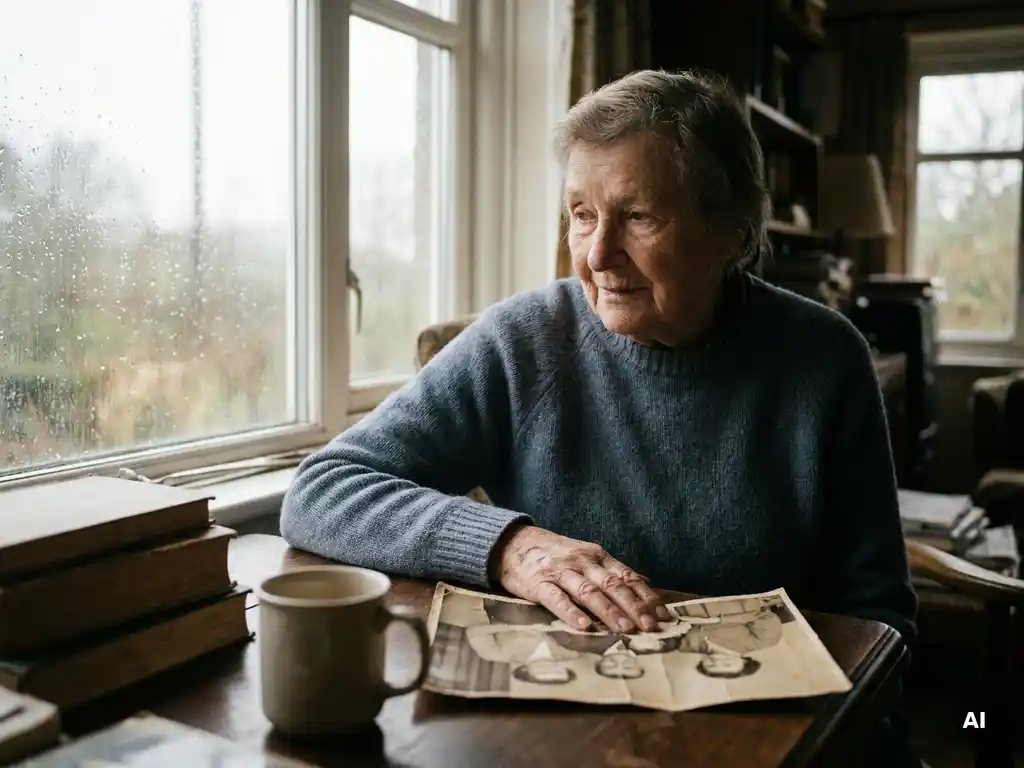 Persoon bij regenachtig raam met hand op vervaagde familiefoto op houten tafel, contemplatieve stemming in blauw-sepiatinten.