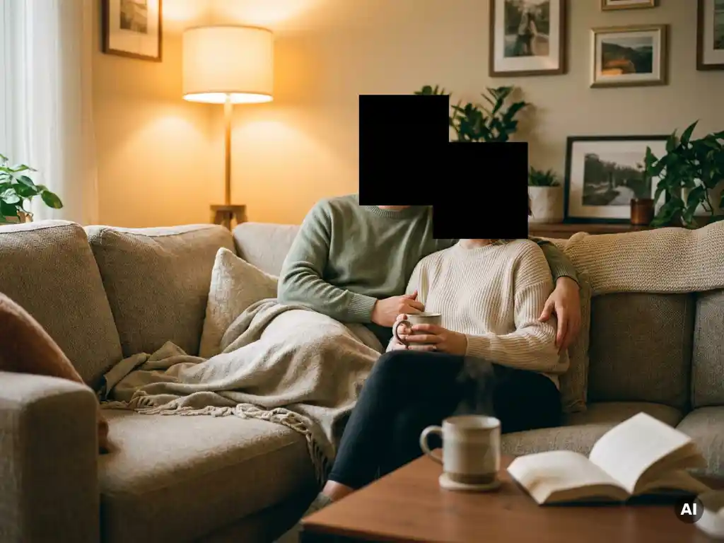 Twee mensen op een bank in een warmverlichte woonkamer, één legt troostend een hand op de arm van de ander, dampende mok thee op tafel.