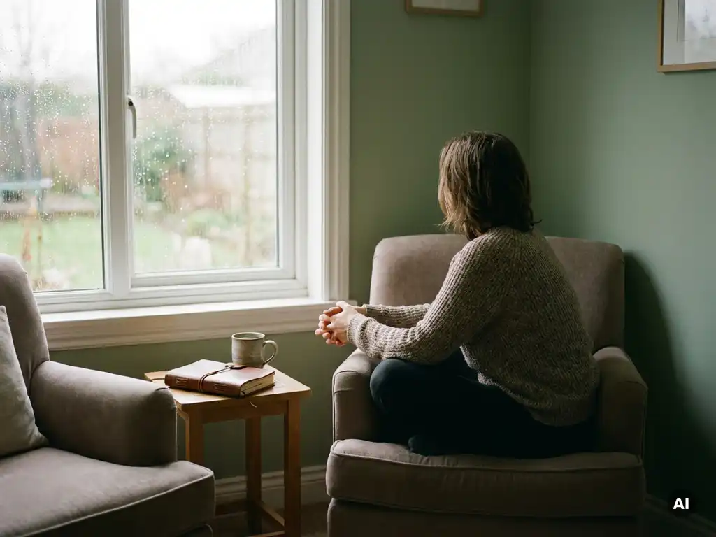 Persoon in therapiekamer staart naar regenachtig raam, dagboek en mok op bijzettafel, rustige salie- en taupetoenen.