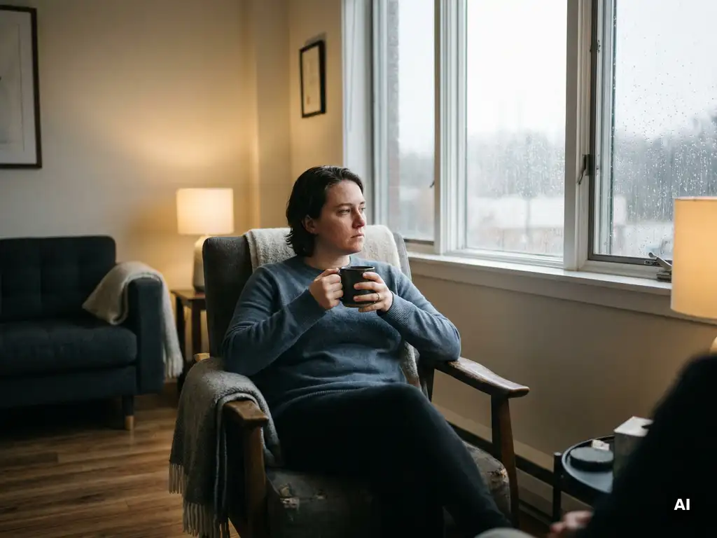 Persoon met dampende mok bij regenachtig raam in therapiekamer, zacht natuurlijk licht, contemplatieve sfeer.