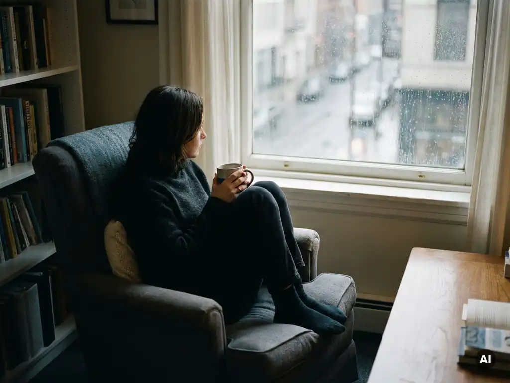 Persoon alleen bij een regenachtig raam in therapiekamer, knieën opgetrokken, warme kop thee in beide handen, zacht middaglicht.