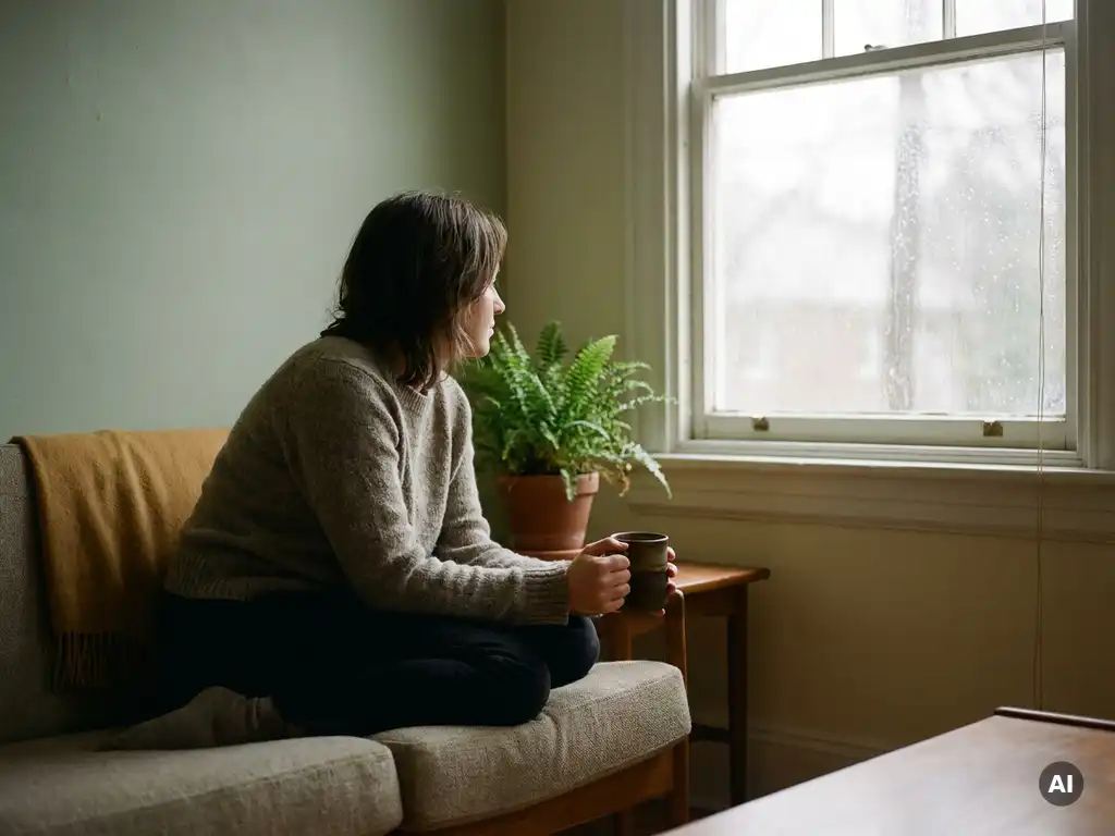 Persoon in therapiekamer met keramische mok, kijkend naar regenachtig raam, omgeven door zachte groene en warme ivoren tinten.