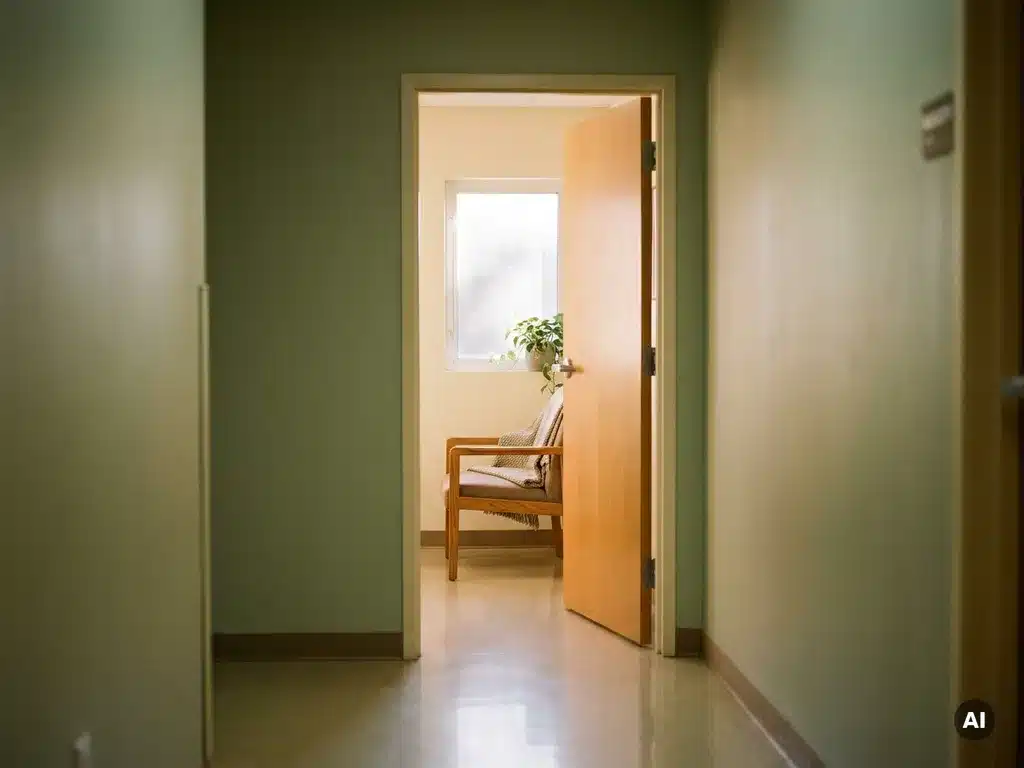 Rustige ziekenhuisgang met open deur naar verlichte therapiekamer, houten stoel en raam met zacht natuurlijk licht.