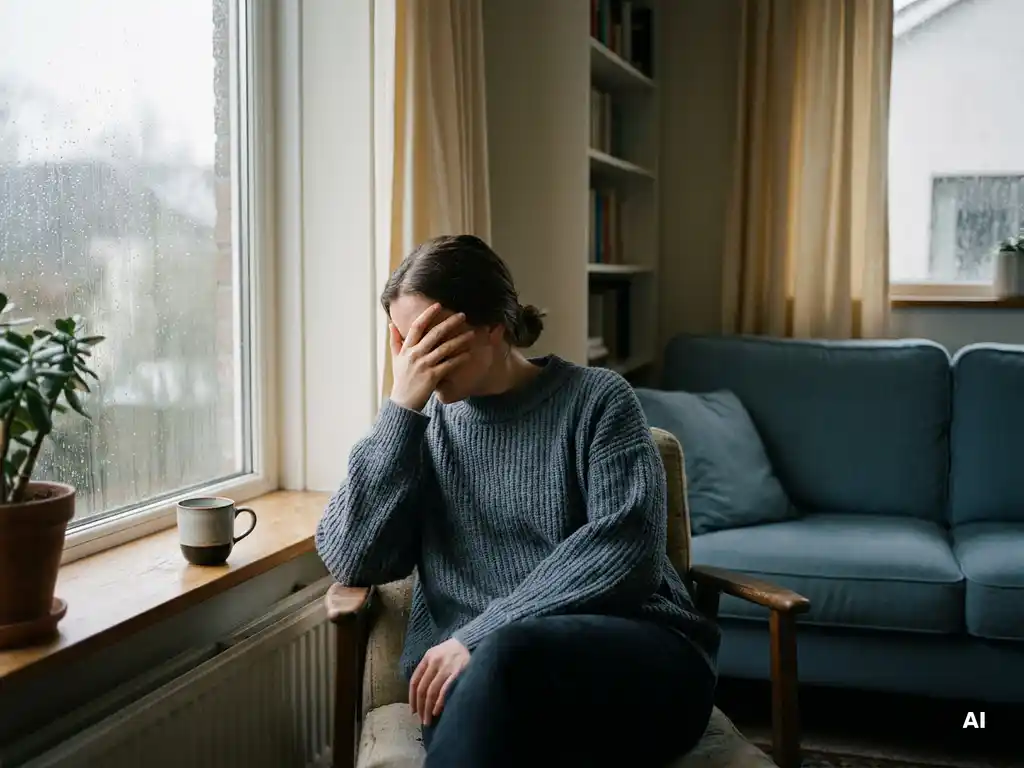 Persoon in gedachten verzonken bij een beslagen raam in een therapiekamer, grijs daglicht, dampende theemok op de vensterbank.