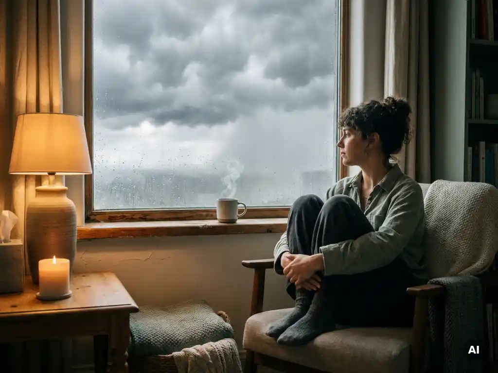 Persoon in therapiekamer bij regenachtig raam met dampende thee, kaarswarme sfeer contrasteert met grijze wolken buiten.