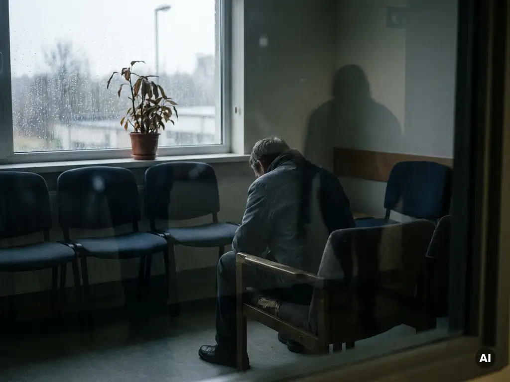 Persoon alleen in klinische wachtkamer bij regenachtig raam, gebogen schouders, verwelkte plant, grijsblauw daglicht.
