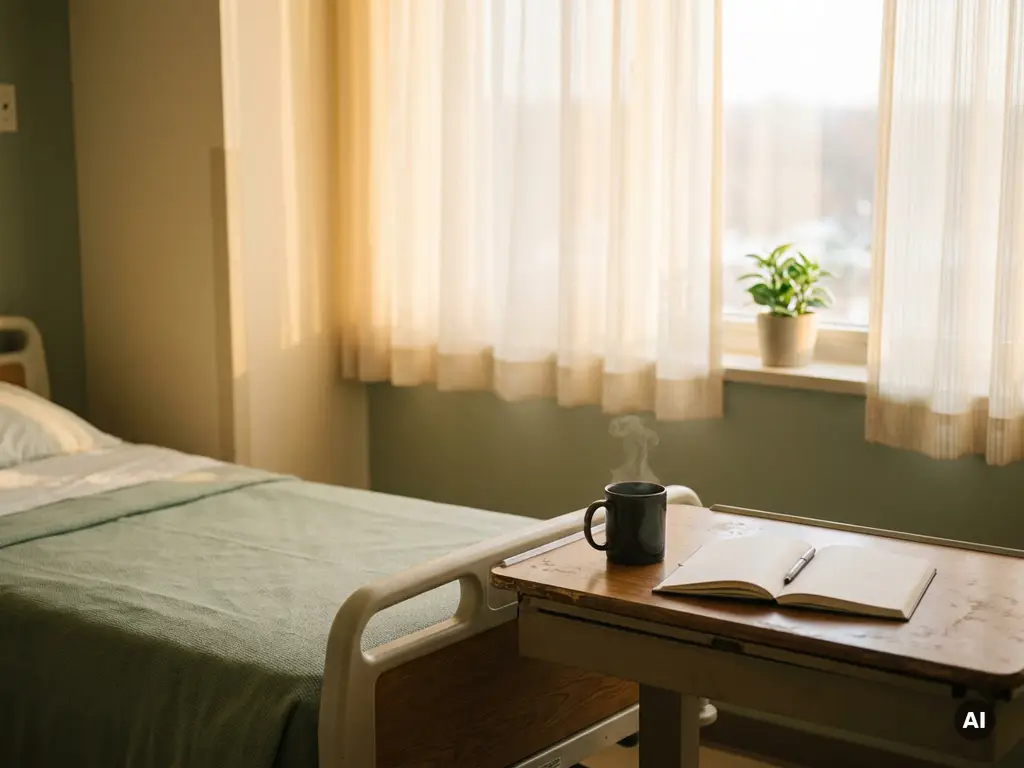 Rustige ziekenhuiskamer in ochtendlicht met opgemaakt bed, dampende mok en open dagboek op houten nachtkastje.