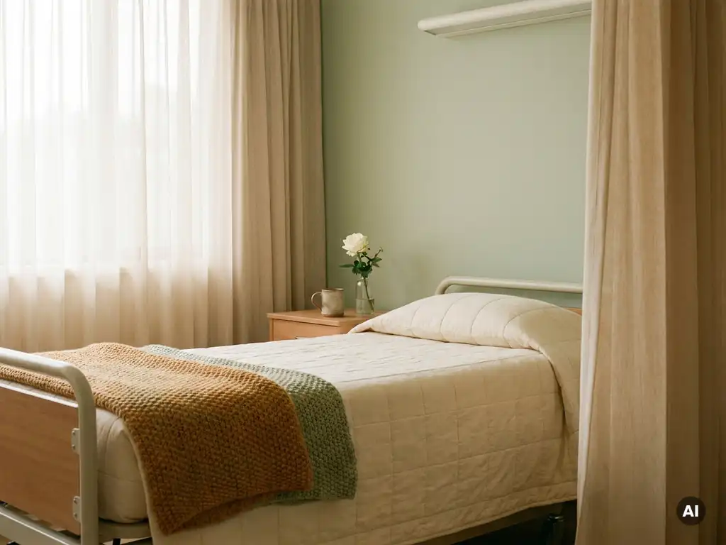 Ziekenhuiskamer met opgemaakt bed, gebreid deken aan het voeteneinde, keramische mok en verse bloem op nachtkastje, zachtgroen geschilderde muren.